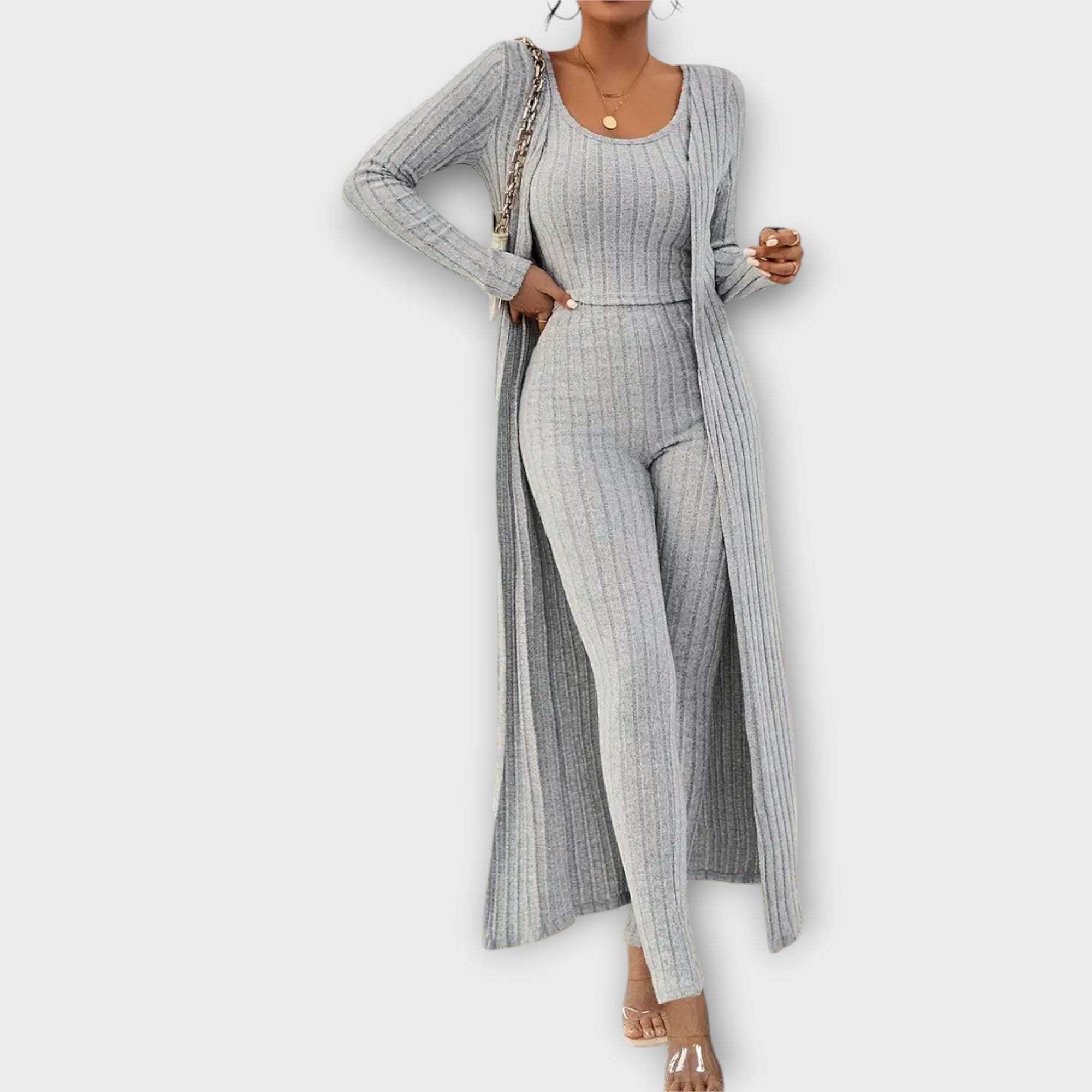 Klementina – Elegantni Rebrasti Set s Kardiganom