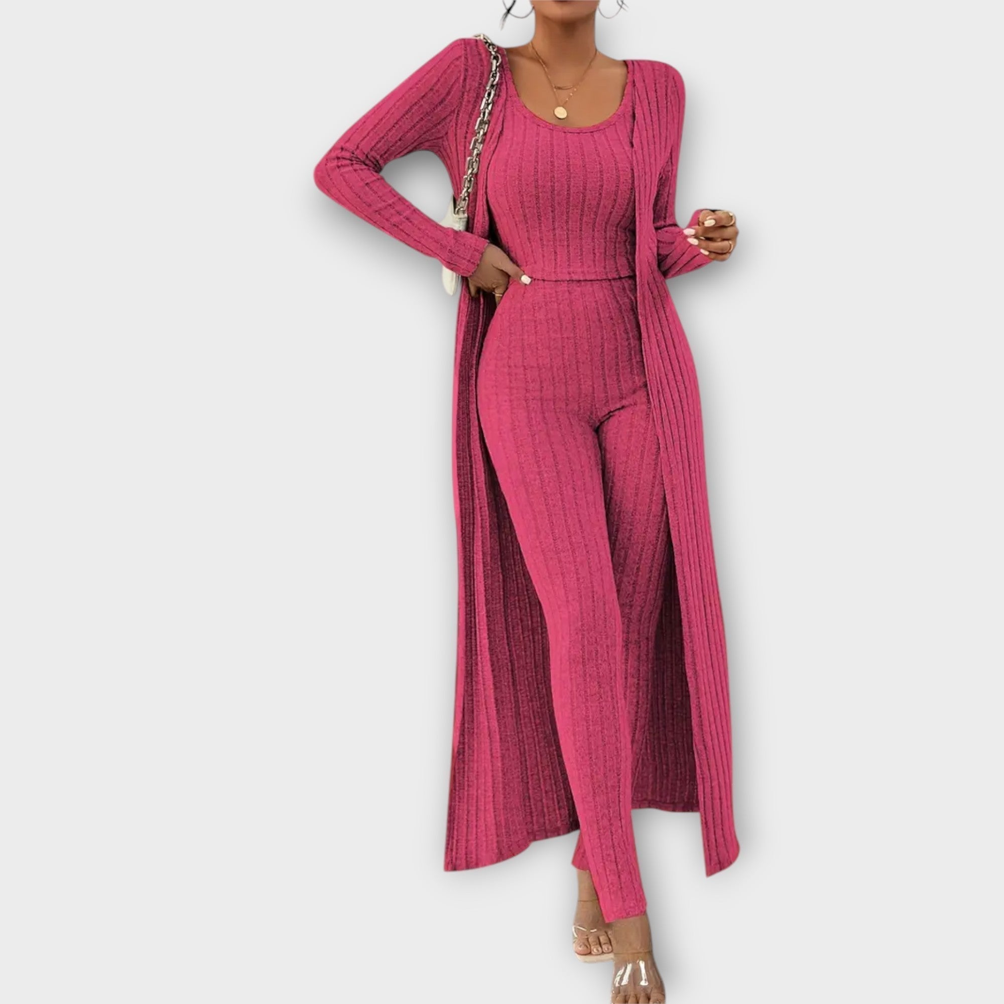 Klementina – Elegantni Rebrasti Set s Kardiganom