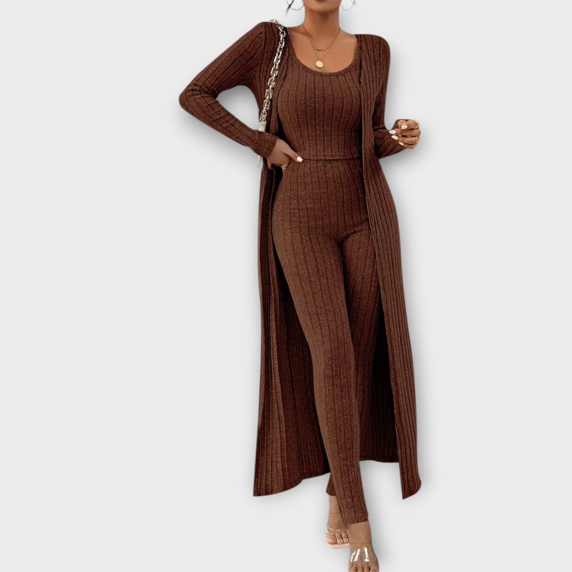 Klementina – Elegantni Rebrasti Set s Kardiganom